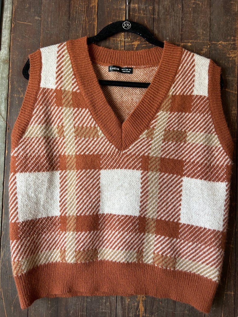 SHEIN Rust, Cream & Tan Plaid V-Neck Knit Sweater Vest